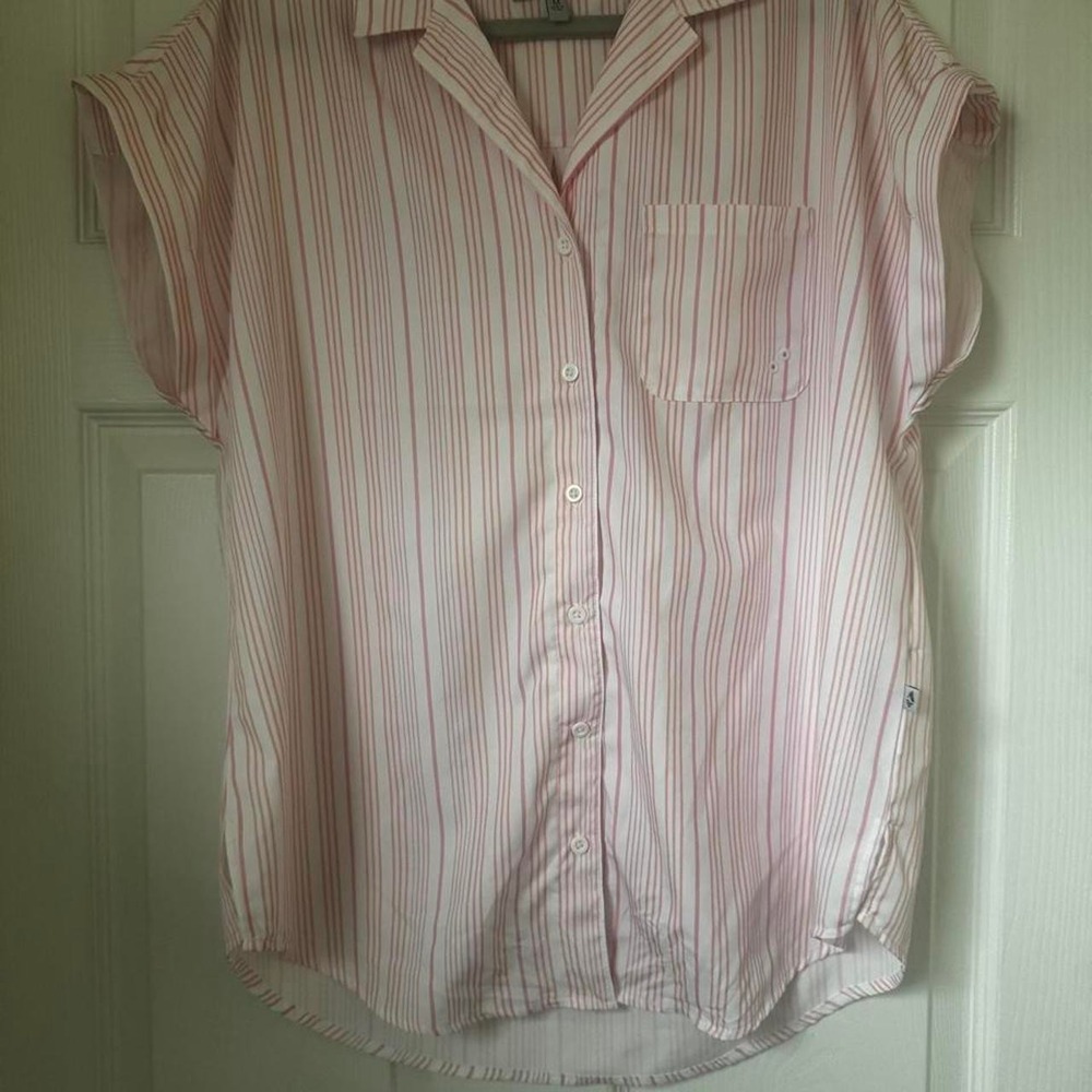 Ocean Coast Womens Pink White Striped Short Sleeve Button Down Shirt Size Medium